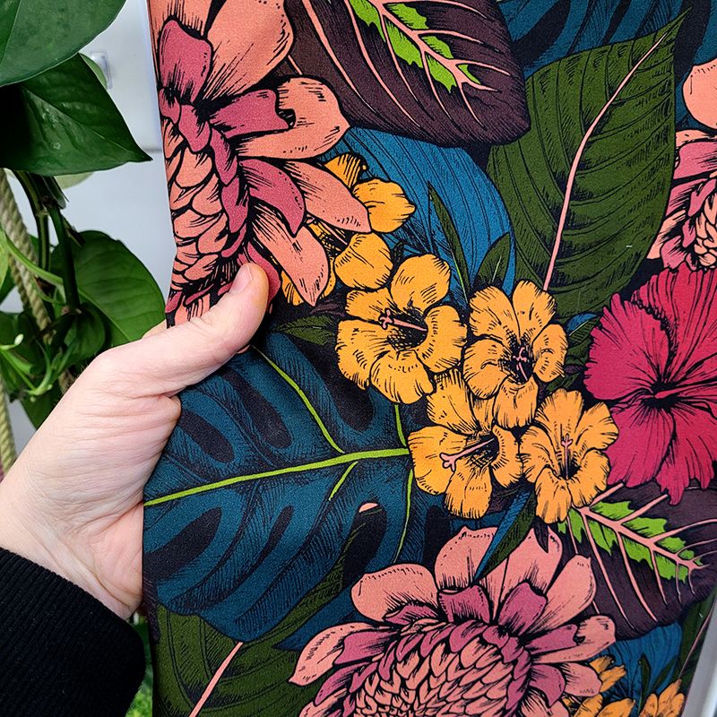 Closeup of custom printed cotton sateen fabrics printed with vibrant reactive inks.